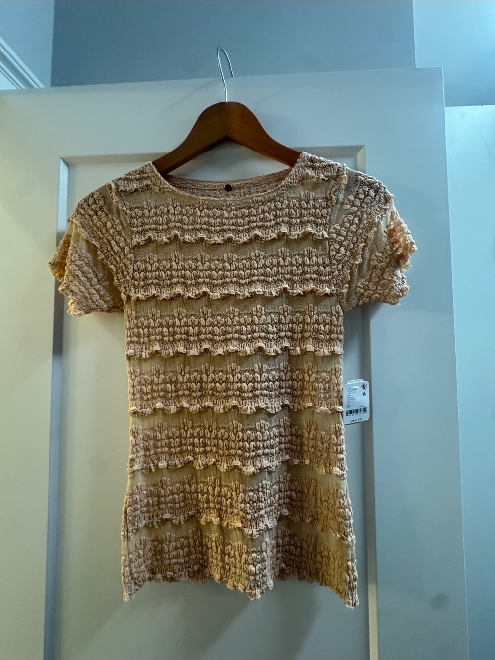 Free People Beige Textured Ruffle Short Sleeve Top